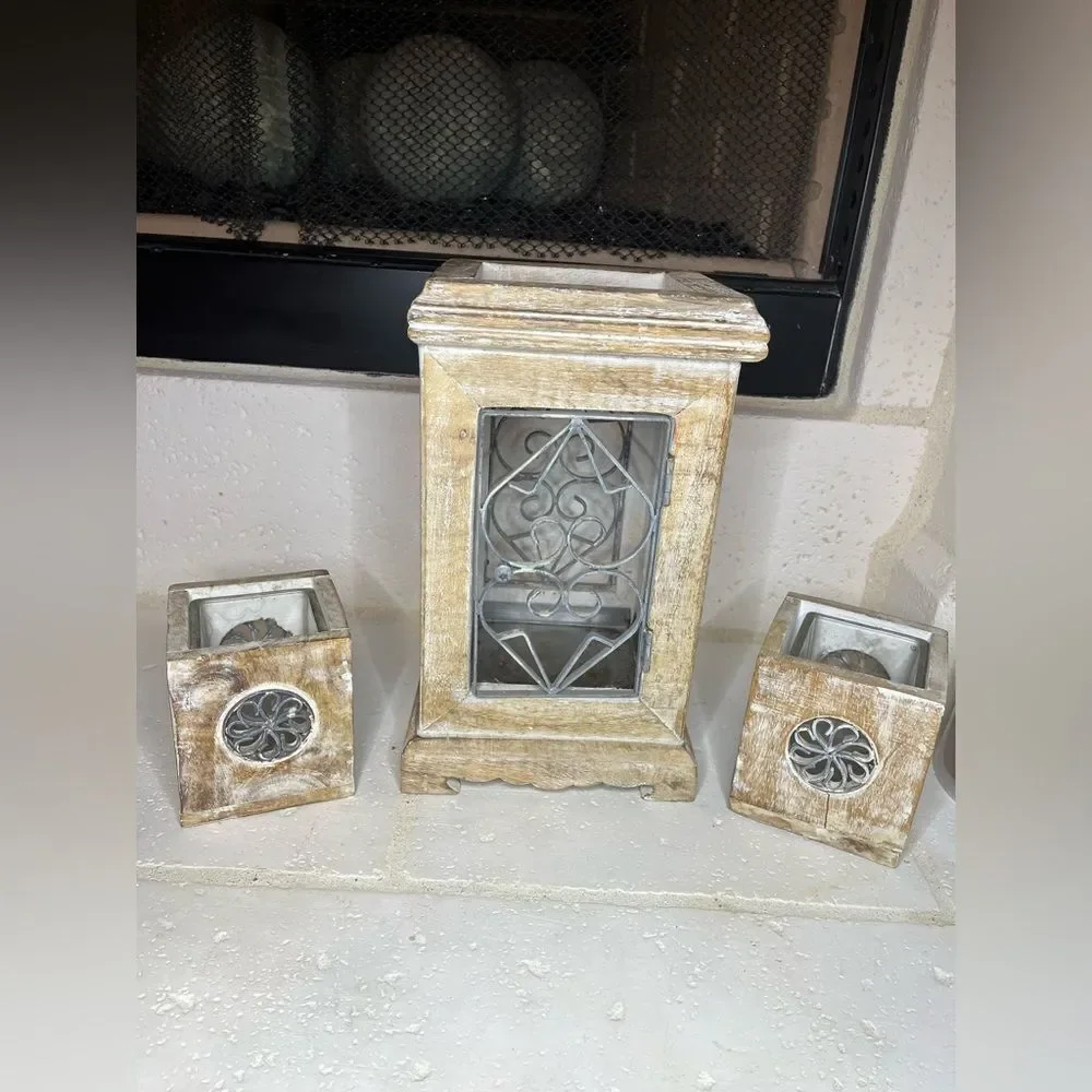 Pier 1 Imports Rustic Wooden Lantern with Metal Accents